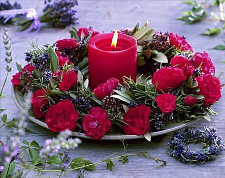 花环,红玫瑰,药草,红色,蜡烛