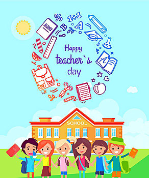 高兴,教师,白天,彩色,矢量,插画,海报,学童,站立,靠近,教学楼