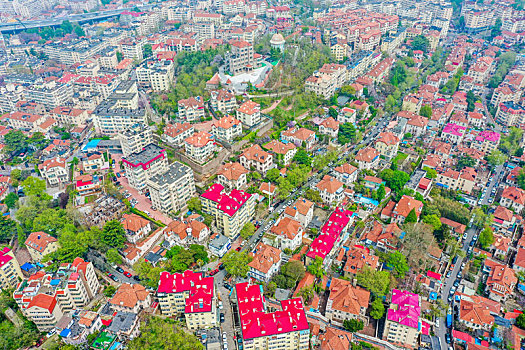 航拍山东青岛市南区城市红瓦绿树风光美景