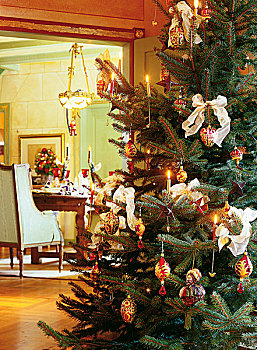 传统,装饰,圣诞树,照亮,蜡烛,带,小玩意