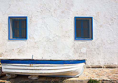 地中海,船,刷白,墙壁,白色,蓝色,巴利阿里群岛