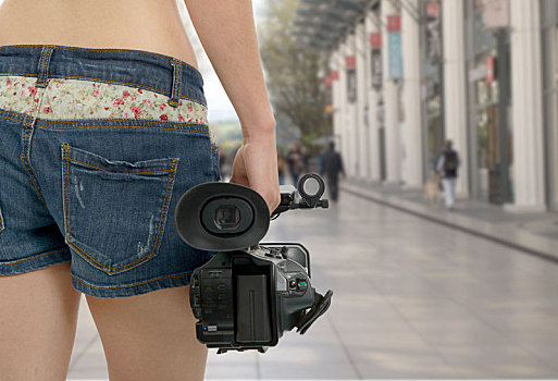 摄影师,女孩,拿着,职业,摄像机,街道