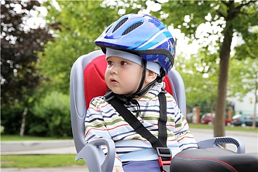 孩子,坐,自行车,安全帽