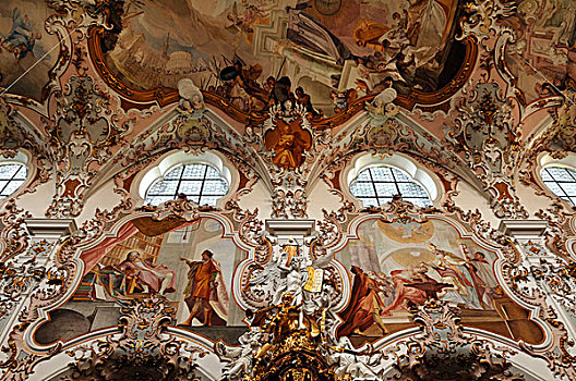 教堂中殿,天花板,壁画,特写,教区,教堂,圣诞,洛可可风格,风格,上巴伐利亚,德国,欧洲
