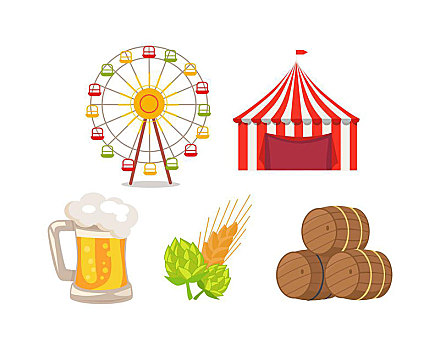 五个,象征,矢量,插画,魅力,马戏团,啤酒,桶,蹦跳,小麦,隔绝,白色背景,背景