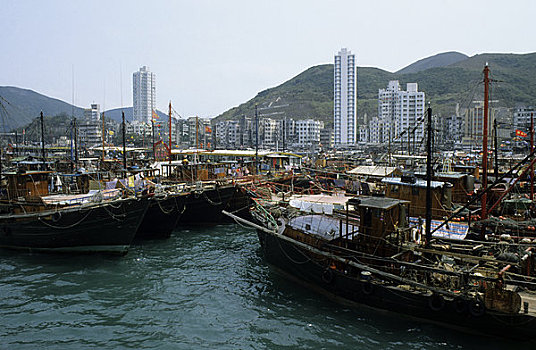 香港,阿伯丁,船,港口,摩天大楼,背景