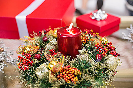 蜡烛,花环,桌上,圣诞节