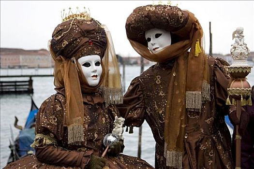 两个,褐色,服饰,面具,威尼斯,狂欢,意大利