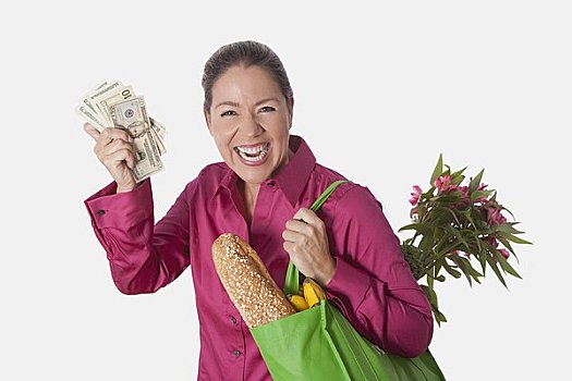 女人,拿着,购物袋,食品杂货,展示,货币,钞票