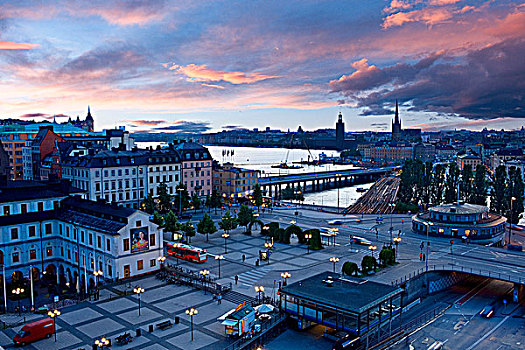 城市,光亮,黎明,湖,斯德哥尔摩,瑞典