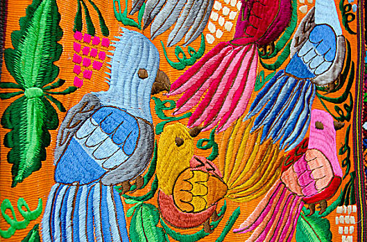 危地马拉,利文斯顿,彩色,传统,刺绣,纺织品,热带鸟,特色