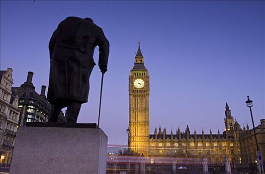 丘吉尔,雕塑,大本钟,房子,伦敦,英格兰