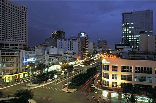 越南,城市,夜晚,色调,街道,俯视图,建筑