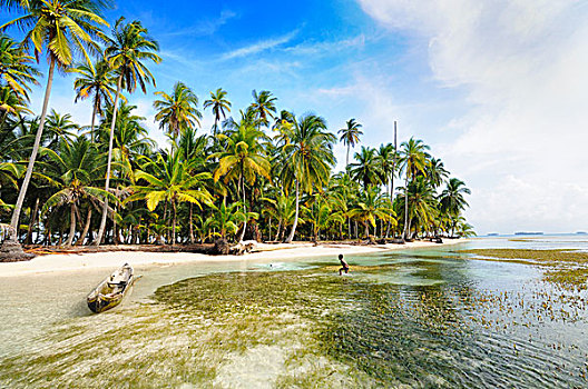 寂静沙滩,棕榈树,热带海岛,圣布拉斯湾,巴拿马,北美