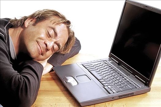 男人,睡觉,正面,笔记本电脑