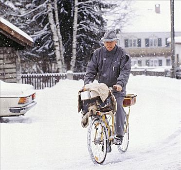 邮差,自行车,雪中,男人,递送,文字,冬天