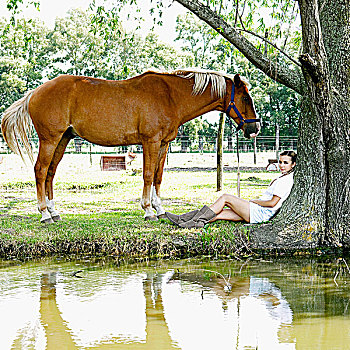 女人,马,靠近,水塘