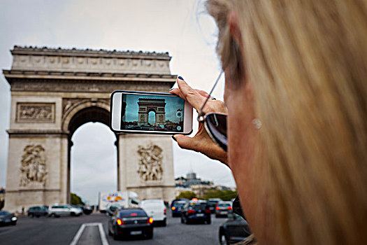 女人,照相,拱形,打电话,巴黎,法国