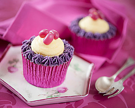 杯形蛋糕,装饰,胶质软糖,紫色,糖衣,香草,黄油乳