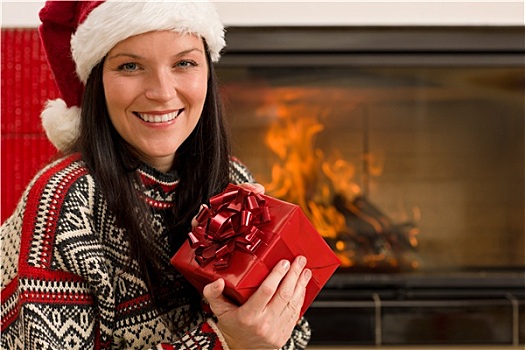 圣诞礼物,女人,圣诞帽,家,壁炉