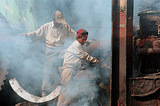 工人,院子,2004年,生活,钢铁业,姿势,严肃,健康,危险,船