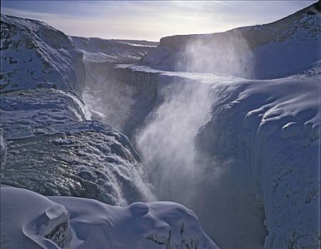 瀑布,冬天,冰冻,水平,溪谷,峡谷,冰岛,欧洲