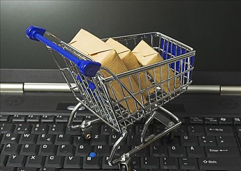 网上购物,购物车,包裹,站立,键盘,笔记本电脑