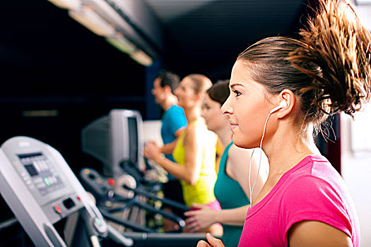跑,跑步机,健身房,群体,女人,男人,练习,收获,健身