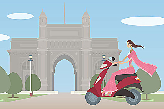 女人,骑,摩托车,正面,纪念建筑,入口,印度,孟买,马哈拉施特拉邦