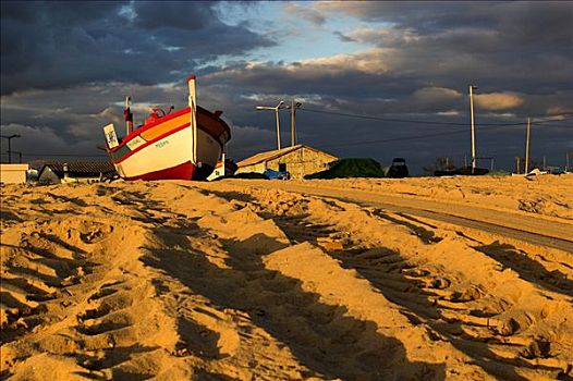 船,沙子,云,日落,阿尔加维,葡萄牙