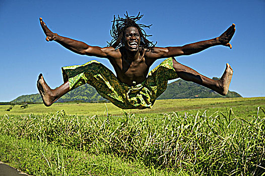 夏威夷,考艾岛,非洲,舞者,跳跃,空气,草,路边