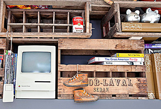 电脑,鞋,书本,存钱罐,锡,汤,架子,老,木质,板条箱