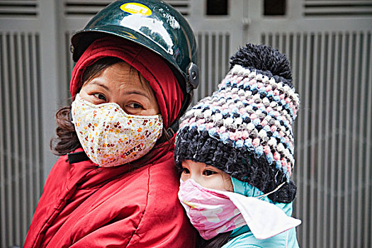 越南,河内,肖像,母女,污染,面具