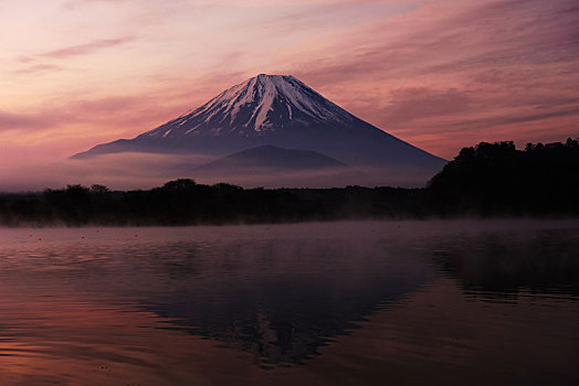 富士山,湖,日式拉门,黎明