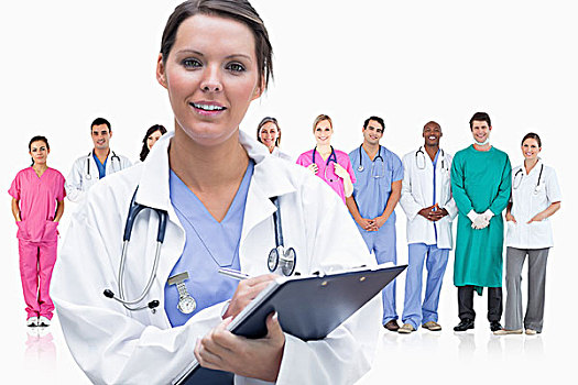 女医生,站立,正面,团队,排,拿着,写字板,白色背景,背景