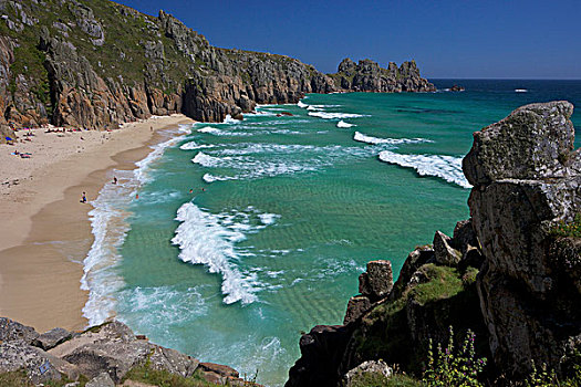 英国,康沃尔,西部,天涯,半岛,靠近,悬崖,海滩,海浪,蓝绿色海水