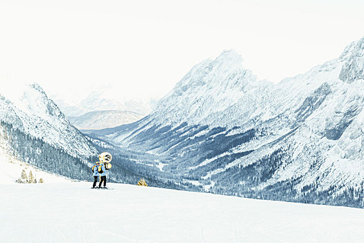 两个,滑雪,站立,正面,雪,冬季运动,朦胧,冬季风景