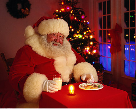 肖像,圣诞老人,坐,桌子,牛奶,曲奇