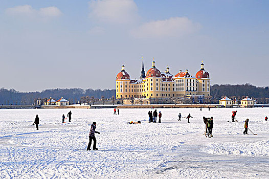 滑冰,冰冻,水塘,城堡,冬天,莫里茨堡,萨克森,德国,欧洲