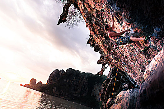 攀岩,石灰石,石头,日落,甲米,泰国