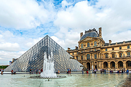 喷泉,玻璃,入口,金字塔,正面,卢浮宫,法兰西岛,巴黎,法国,欧洲