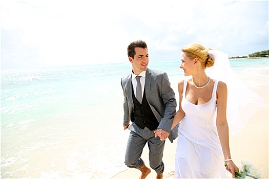 结婚,情侣,跑,沙滩