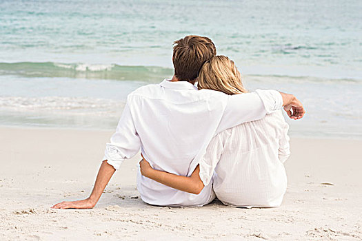 穿戴,风景,情侣,搂抱,正面,海洋,海滩