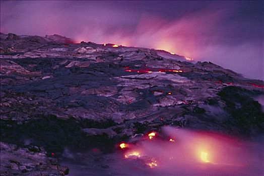 夏威夷,夏威夷大岛,夏威夷火山国家公园,熔岩流,海洋,黎明,创作,紫色,薄雾