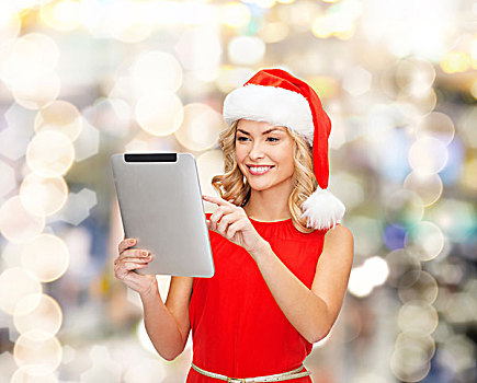 圣诞节,科技,礼物,人,概念,微笑,女人,圣诞老人,帽子,平板电脑,电脑,上方,背景