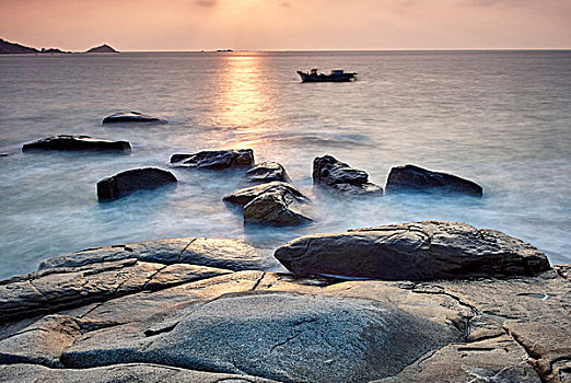 沿岸,石頭,船,日出,福建,中國