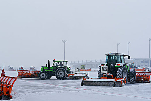 雪,冬天,扫雪机,拖拉机,区域,西部,塔,1号航站楼,慕尼黑机场,巴伐利亚,德国,欧洲