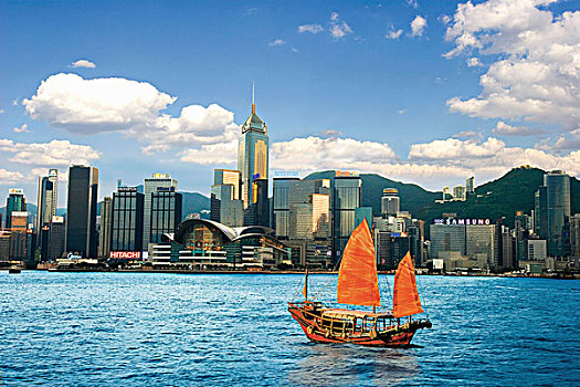 中国,香港,维多利亚港,港口,中国帆船,帆,海岸,传统,现代