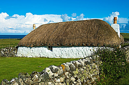 房子,传统,芦苇,茅草屋顶,农舍,斯凯岛,内赫布里底群岛,苏格兰,英国,欧洲