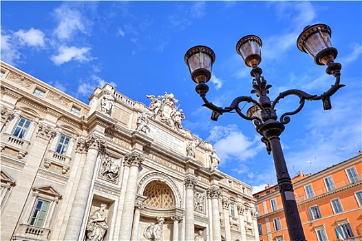 传统,路灯柱,碎片,著名,喷泉,蓝天,罗马,意大利